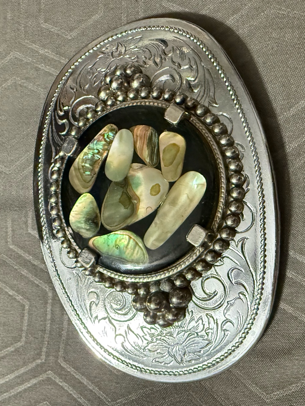 1970’s Vintage Silver Tone Abalone Shell Belt Buckle